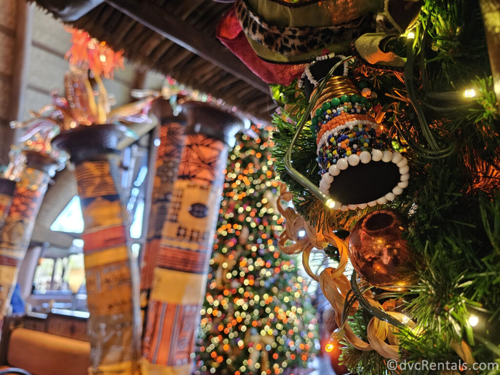 Christmas Decorations hanging in the lobby of Disney's Animal Kingdom Villas