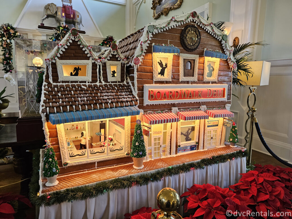 Gingerbread model of the Boardwalk Deli in the lobby of Disney's Boardwalk Resort.