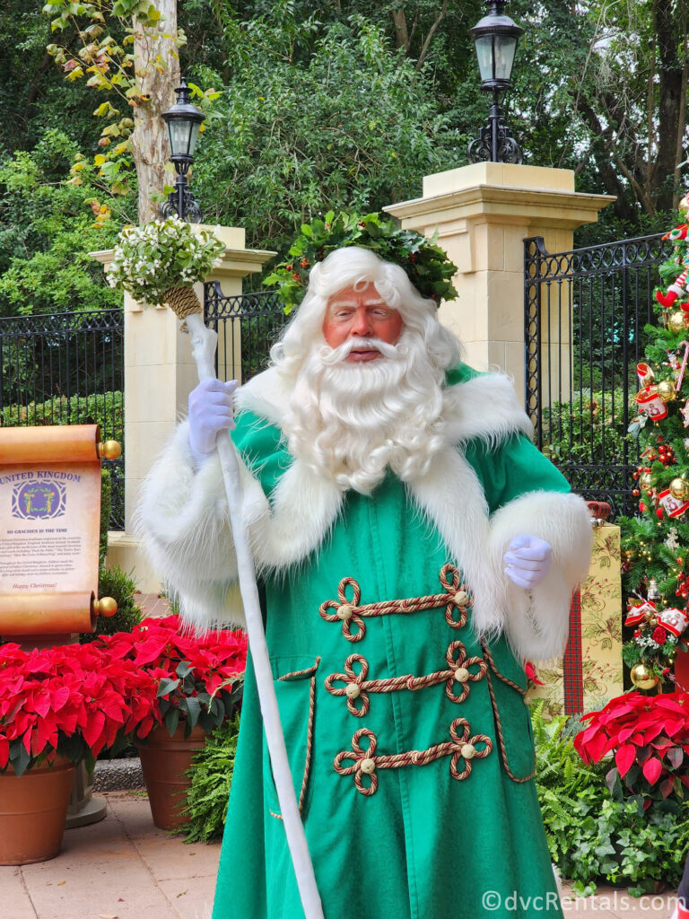 Father Christmas performer in the UK Pavilion at Epcot during the International Festival of the Holidays.