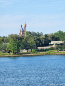 The tip of Cinderella Castle in Magic Kingdom with trees in front of it.