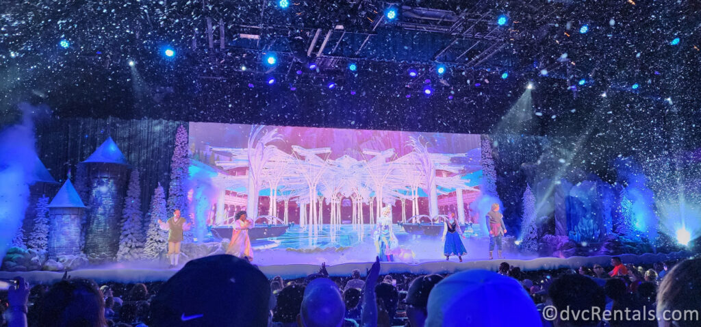 Elsa, Anna, Kristoff, and two performers standing on stage with fake snow falling from the sky at For the First Time in Forever: A Frozen Sing-Along Celebration.