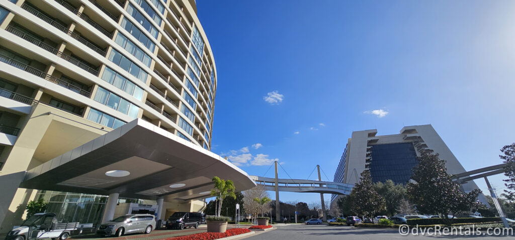 Exterior of Bay Lake Tower at Disney's Contemporary Resort and Disney's Contemporary Resort. There is a suspended walking path between both of the buildings.