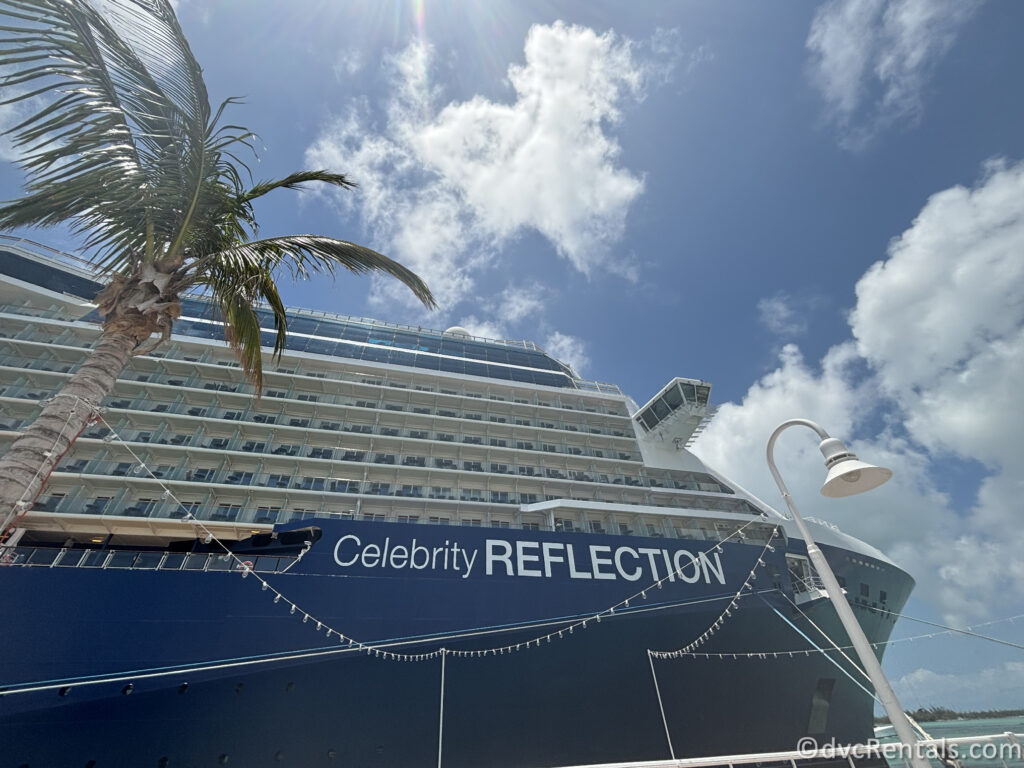 The Cruise Ship "Celebrity Reflection" docked at a harbor with several lifeboats attached along its side. The ship is blue and white, with multiple balconies for guest cabins.