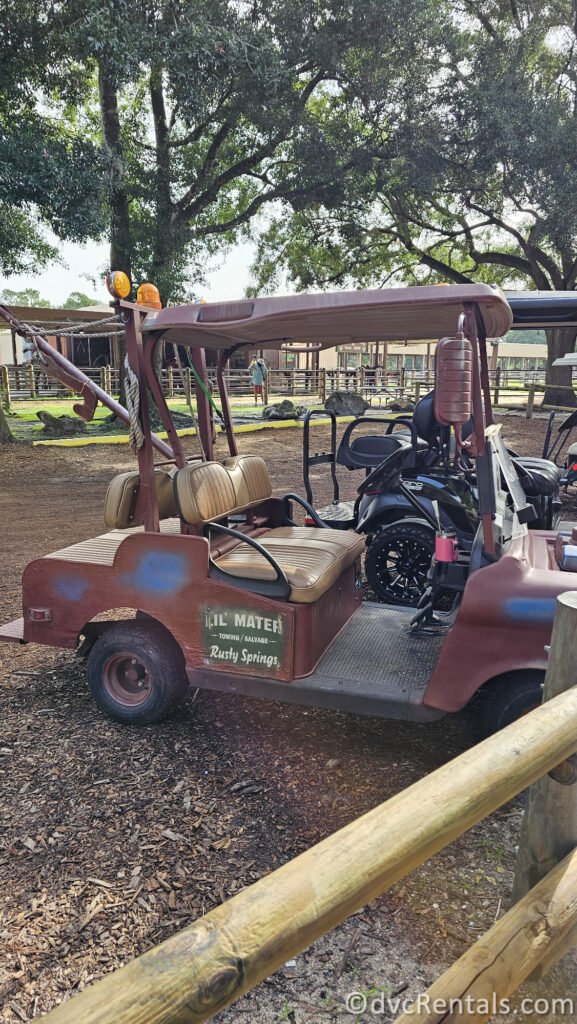 A rusty red golf cart with a blue stripe and the words "LIL MATER" and "Rusty Springs" painted on the side. The cart is parked in a grassy area with trees in the background and a wooden fence in the foreground.