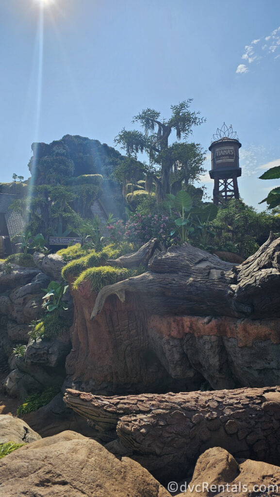 The green foliage covered red rock formation of the hill of Tiana’s Bayou Adventure at Magic Kingdom under blue, sunny sky. The brown water tower reading “Employee Owned: Tiana’s Foods Est 1927” in white letters can be seen in the background, with a large tiara-looking structure at the top.