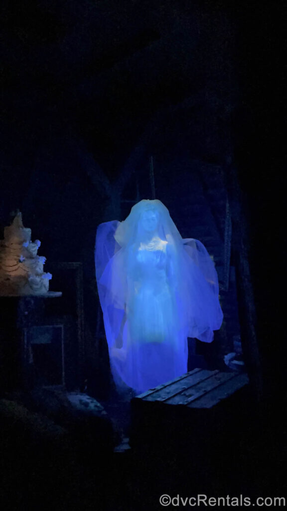 The Bride of the Haunted Mansion appears to be glowing and is wearing a white wedding gown and long veil. She is seen in the dark of the wood-paneled attic, and there is an old-fashioned tiered wedding cake on the left.