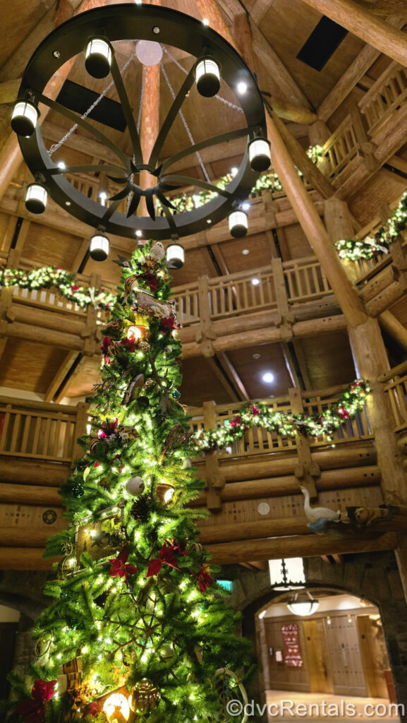 A green Christmas tree with white lights, and red and dark brown wooden ornaments along with matching garlands around the banisters are seen in the log-cabin style lobby of the Boulder Ridge Villas at Disney’s Wilderness Lodge.