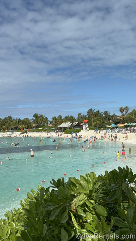 Visitors wade in the turquoise water at Castaway Cay while more sit on the white sand beach. There are colorful umbrellas along the beach line with green foliage on the other side.