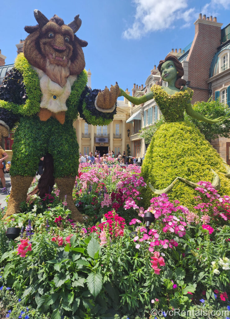 Topiary figures of Beast and Belle are on display at the France pavilion during the 2024 EPCOT International Flower & Garden Festival. There are also pink and red flowers planted in front of the topiaries and the French-inspired buildings of the area are visible behind them.