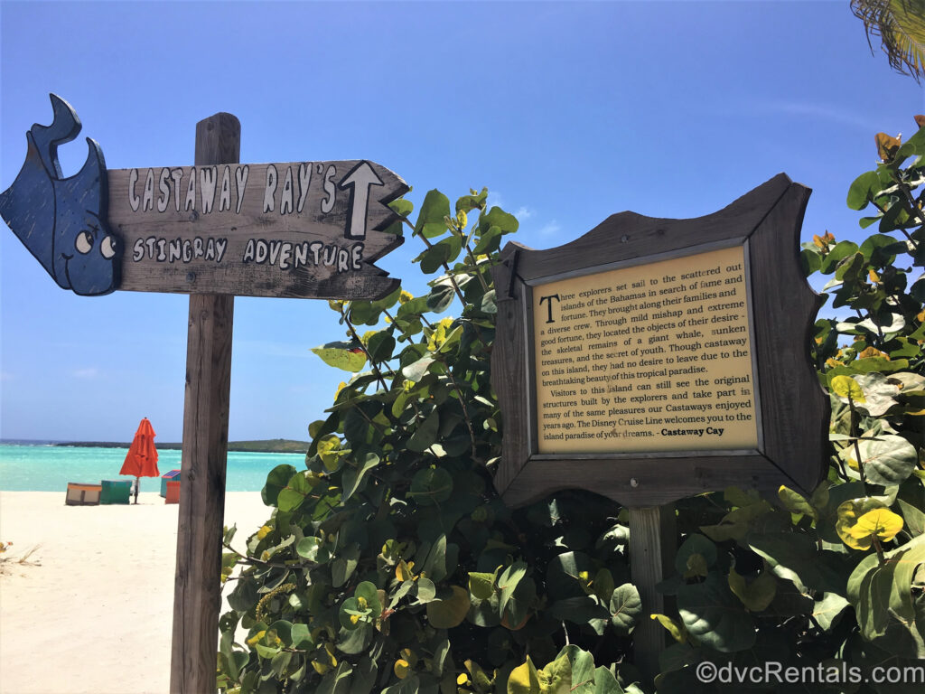 2 signs on the beach at Castaway Cay. Both are wooden. One has a cartoon drawing of a blue stingray and reads “Castaway Ray’s Stingray Adventure” in white letters with an arrow pointing forward. The other sign tells the story of Castaway Cay’s discovery in black print.