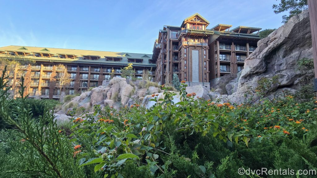 Small orange flowers are nestled amongst the green foliage in front of a rock formation at the Copper Creek Villas at Disney’s Wilderness Lodge. The brown and green log cabin-style resort exterior can be seen in the background.