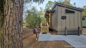 The brown and wood exterior of a One Bedroom Cabin at Disney’s Fort Wilderness Resort is seen during the day. There are lots of trees surrounding the Cabin and other Cabins can be seen in the background among them.