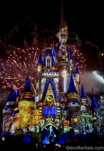 Jack Skellington performs in front of the fireworks during Disney’s Not-So-Spooky Spectacular ahead of Cinderella Castle at Magic Kingdom. Projections illuminate the castle with Halloween images.