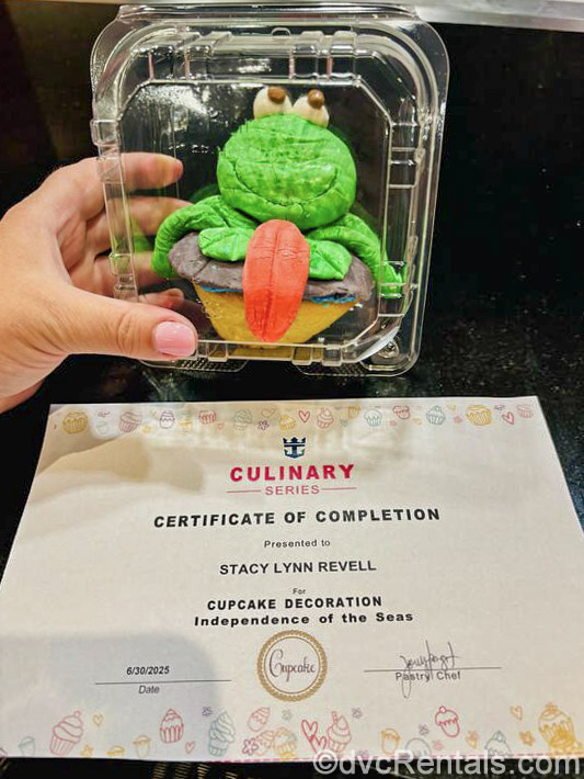 A cupcake decorated with a green fondant frog in seen in a plastic container along with a certificate of completion for a cupcake decorating class.
