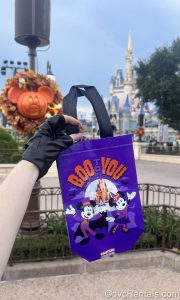 A hand holds up a trick-or-treat bag in front of Cinderella Castle. The bag is purple with drawings of Mickey and Minnie in costumes in front of the castle and reads “Boo to You” in orange and purple writing.
