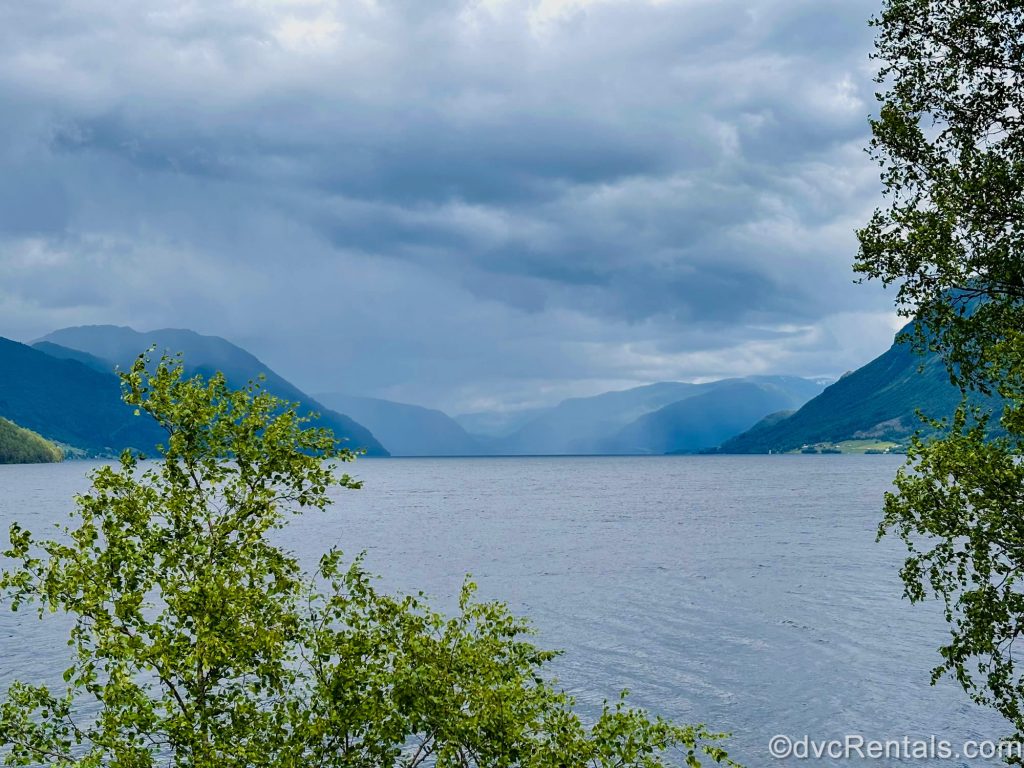 Mountains are seen in the distance in a photo of Hornindalsvatnet Lake near Olden, Norway.