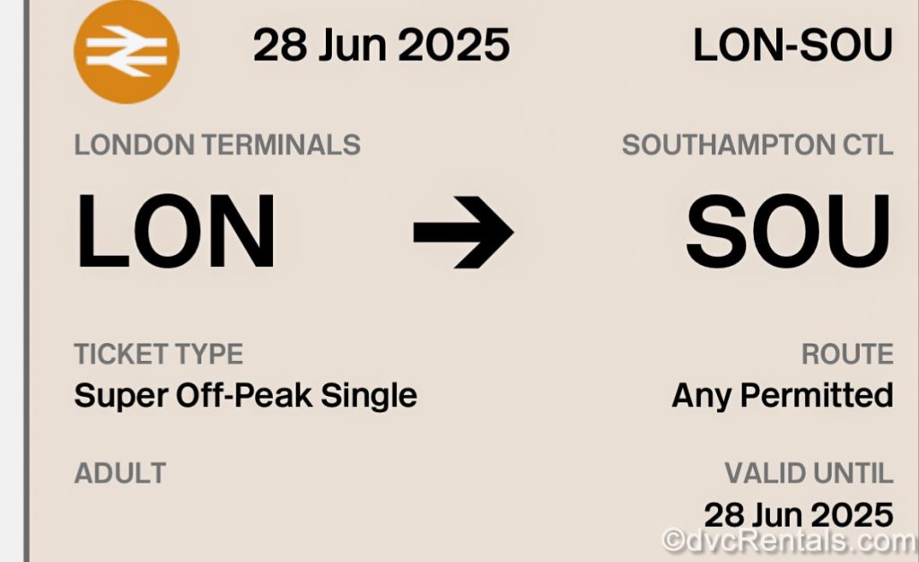 A screenshot of a digital train ticket traveling between London and Southampton England.