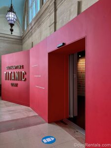 The bright red entry way into the “Southampton’s Titanic Story” exhibit is shown at the SeaCity Museum in Southampton, England.