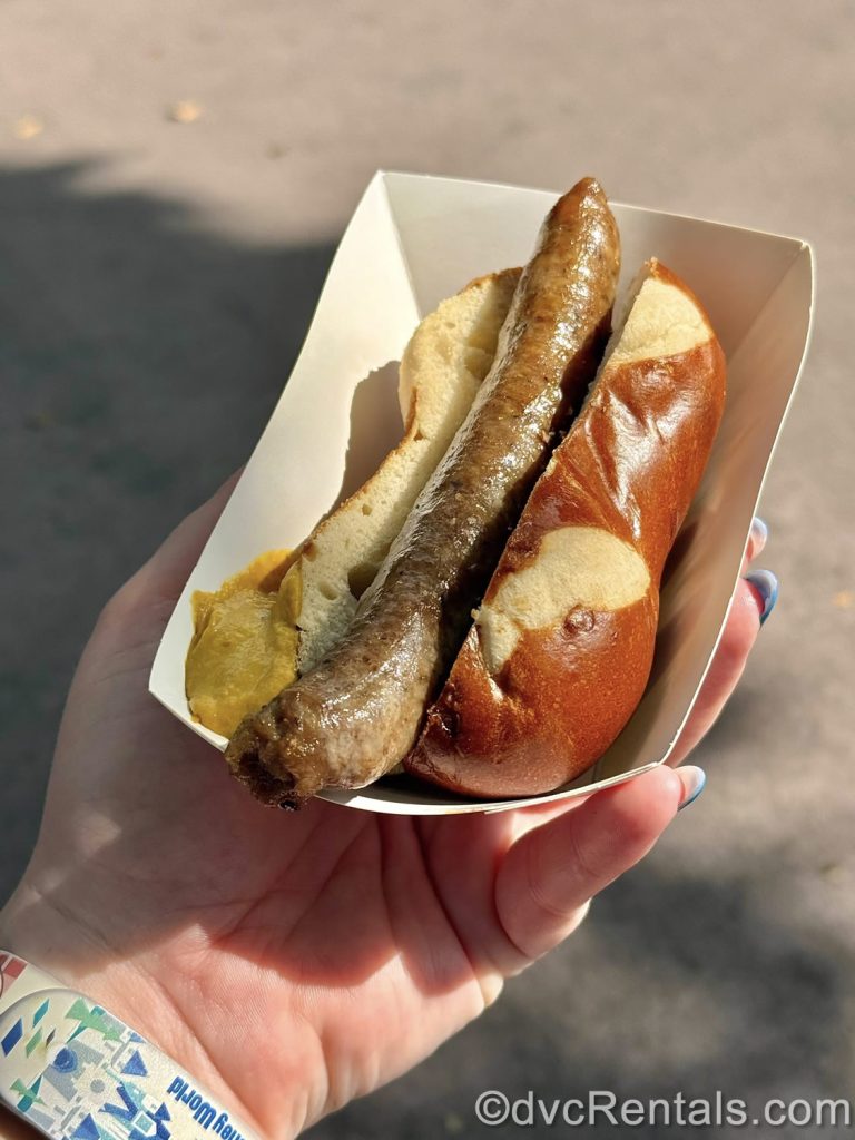 Bratwurst on a Pretzel Roll with Mustard.