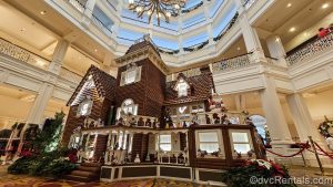 A life-size gingerbread house decorated for the holidays is on display in the main lobby of Disney’s Grand Floridian Resort & Spa.