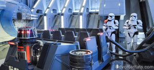 Two Stormtroopers are seen next to a ride vehicle in a sequence from the Rise of the Resistance attraction at Disney’s Hollywood Studios Theme Park.