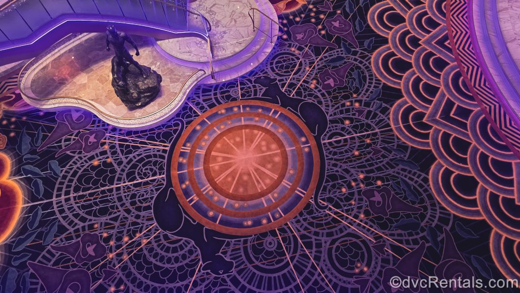 The Black Panther-inspired details in the Grand Hall décor and carpeting as well as it’s statue as the ship’s icon are seen on the Disney Destiny.
