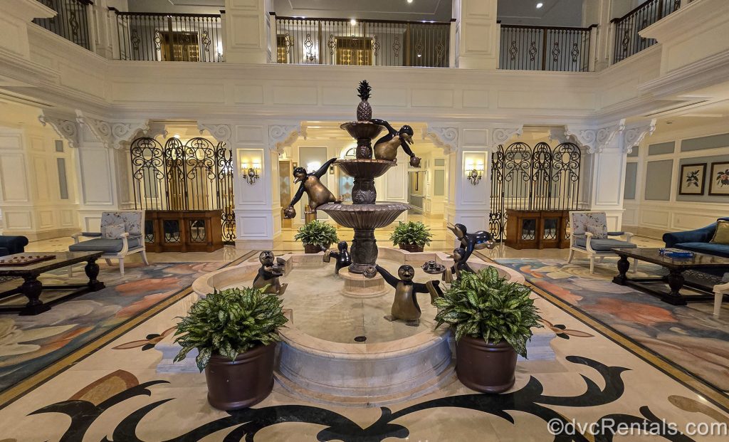 The Mary Poppins-inspired penguin fountain in the lobby of the Villas at Disney’s Grand Floridian Resort & Spa.