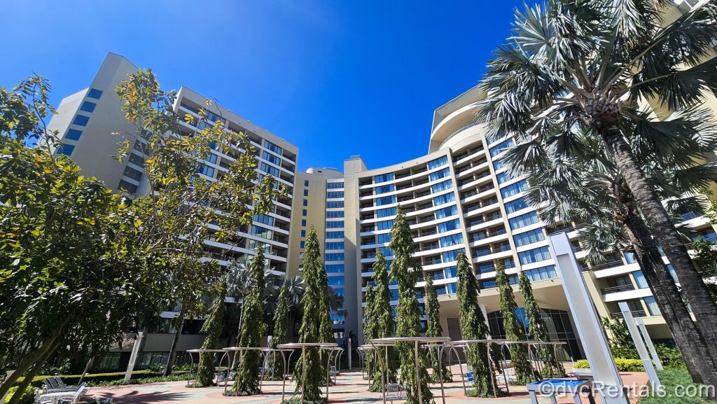 Clusters of green trees and foliage are seen under a bright blue sky outside of Bay Lake Tower at Disney’s Contemporary Resort