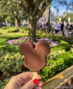 A hand holds up a chocolate-covered Mickey ice cream treat in the Magic Kingdom at Walt Disney World.
