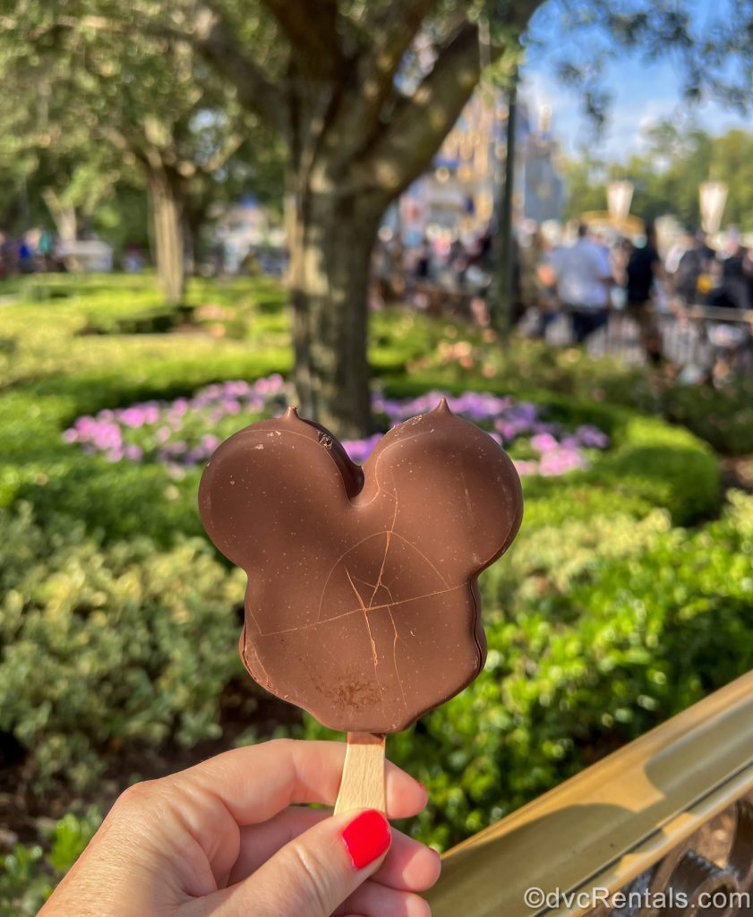 A hand holds up a chocolate-covered Mickey ice cream treat in the Magic Kingdom at Walt Disney World.