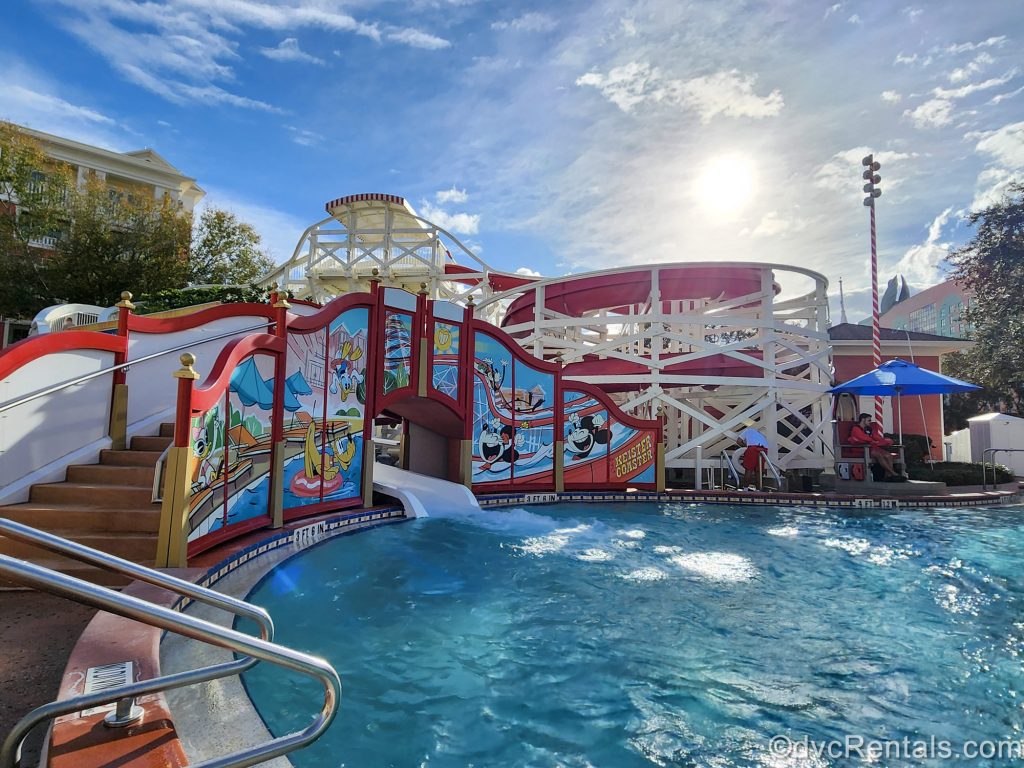 Mickey, Minnie, Pluto, Donald, Daisy, and Goofy are seen on the design for the Keister Coaster waterslide at the Luna Park Pool at Disney’s BoardWalk Villas.