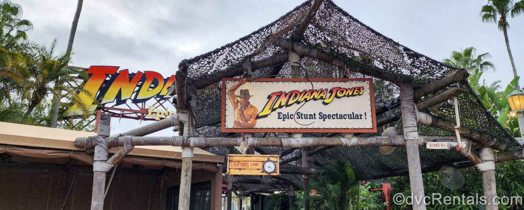 The entrance for the “Indiana Jones Epic Stunt Spectacular!” show at Disney’s Hollywood Studios. The iconic film character is seen on the sign above the attraction entry.