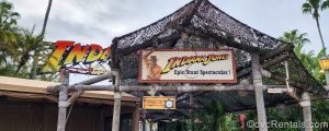 The entrance for the “Indiana Jones Epic Stunt Spectacular!” show at Disney’s Hollywood Studios. The iconic film character is seen on the sign above the attraction entry.