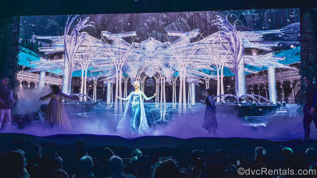 Elsa, Anna, and other characters inspired by the Frozen films perform on stage during the First Time in Forever: A Frozen Sing-Along Celebration show.