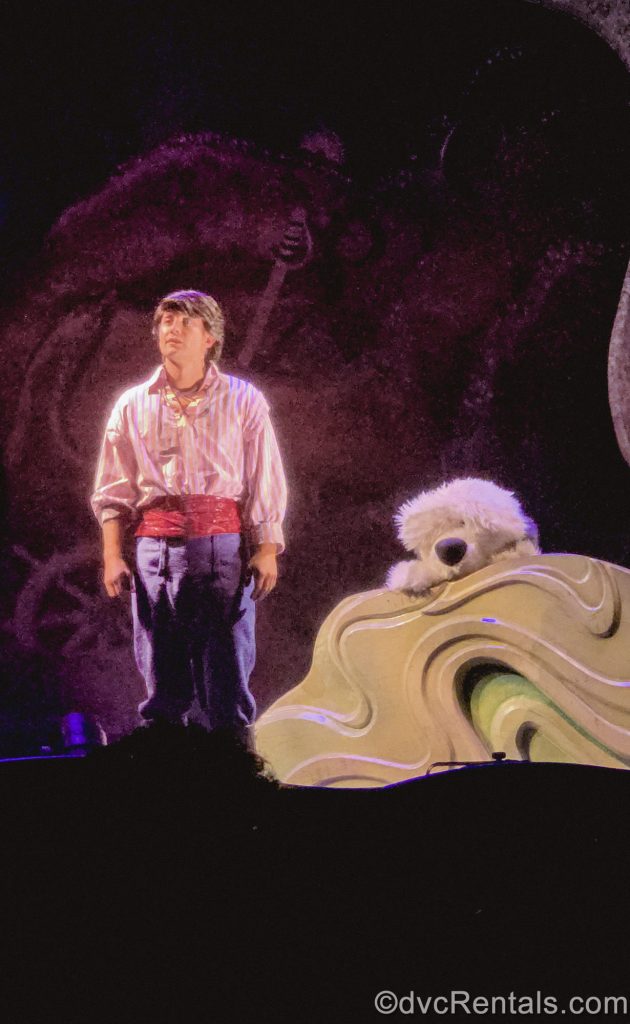 Prince Eric performs on stage with a puppet of Max the dog from the animated film The Little Mermaid, during a performance of The Little Mermaid – A Musical Adventure.