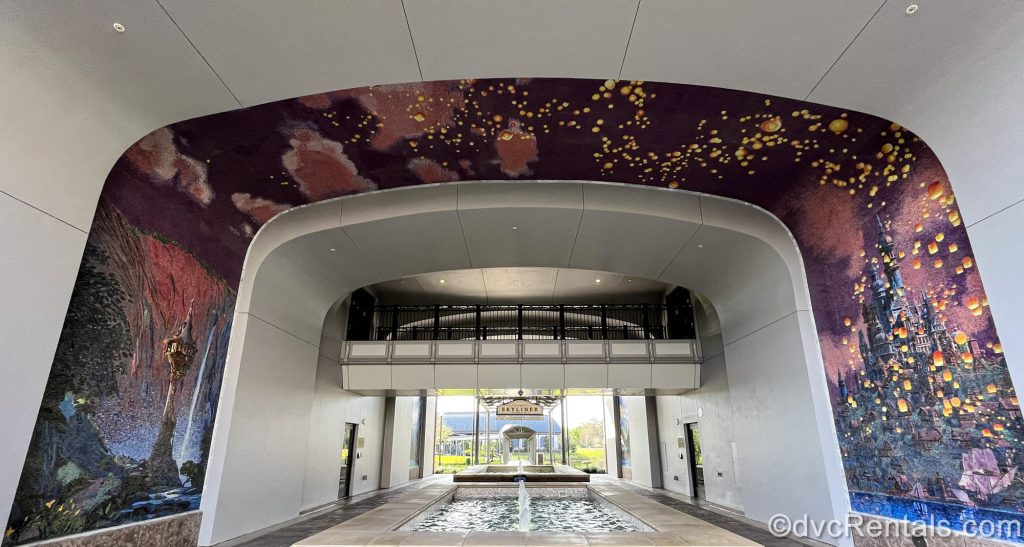 The Tangled-themed mosaic at Disney’s Riviera Resort is seen leading to the resort’s Skyliner station. The mosaic features Rapunzel’s tower and floating lanterns.