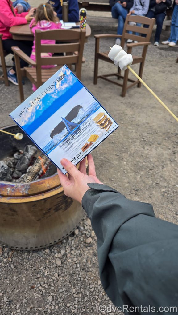 A hand holds up a box containing a s’more making kit in front of a fire pit as families sit at nearby tables enjoying their snacks.
