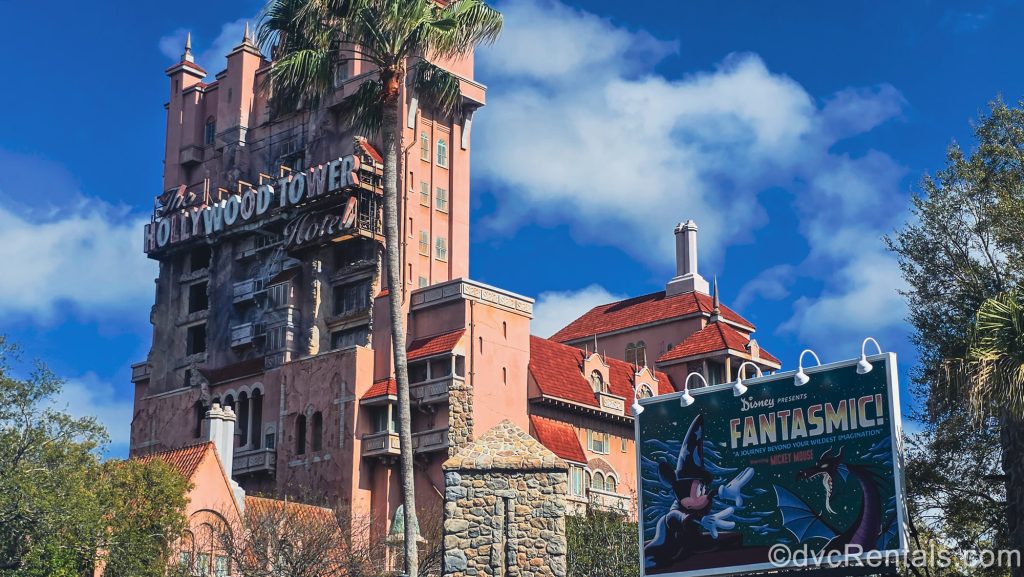 Tower of Terror with Fantasmic sign