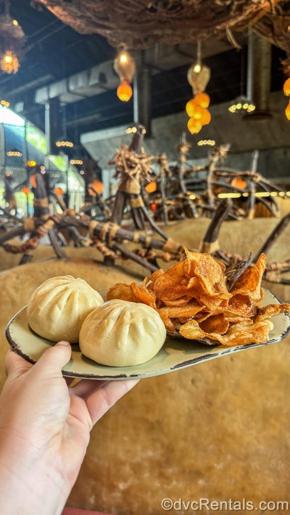 A hand holds up a plate of Cheeseburger Steamed Bao Bun Pods with Vegetable Chips at Satu’li Canteen at Disney’s Animal Kingdom Theme Park.